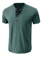 Men'S Summer Round Neck Short Sleeve T-Shirt Henley Shirt Pocket Top - Green