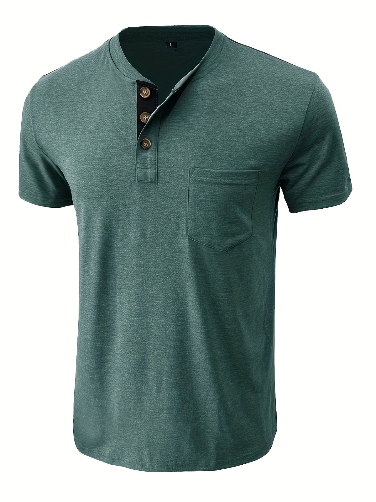 Men'S Summer Round Neck Short Sleeve T-Shirt Henley Shirt Pocket Top - Green