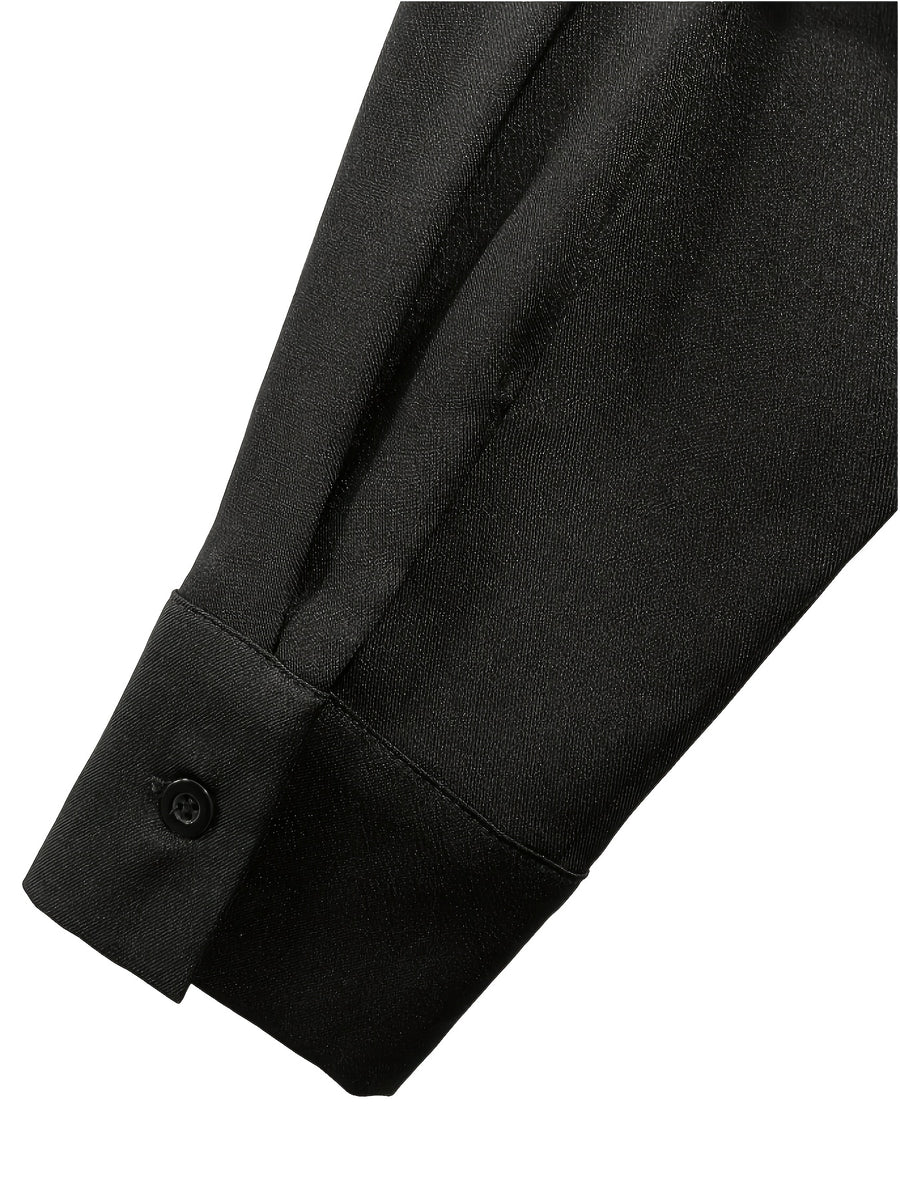 Elegant Exquisite Black Lapel Long Sleeve Shirt Dress, Waist Drawstring Back Hem Design, Wrap Metal Button A-Line Midi Skirt, Fashion Business Banquet Daily Versatile Temperament Shirt Long Dress - Black