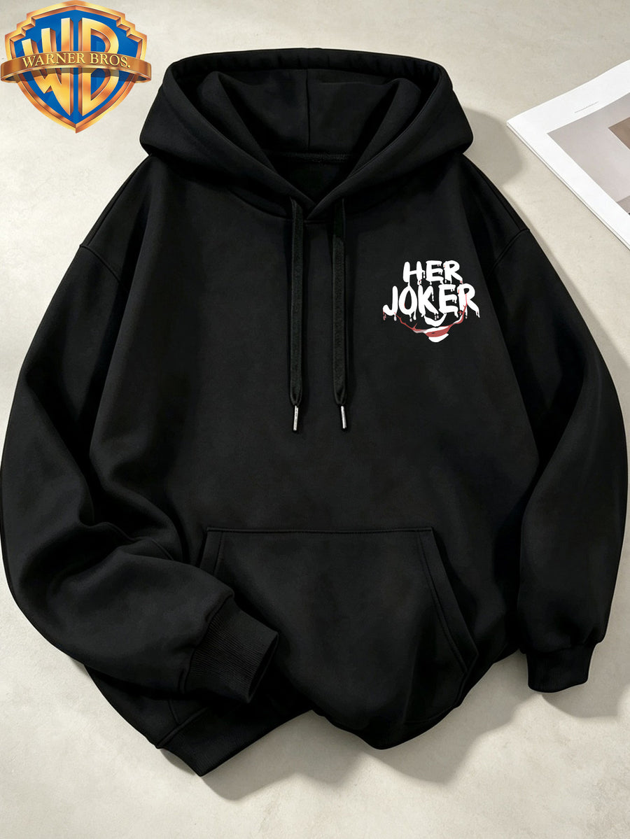 Joker HAHA Text Surround Graffiti Print Trendy Cool Casual All-Match Sports Drawstring Pocket Hooded Men'S Sweatshirt, Men'S Autumn Winter Cute Casual Style - Black