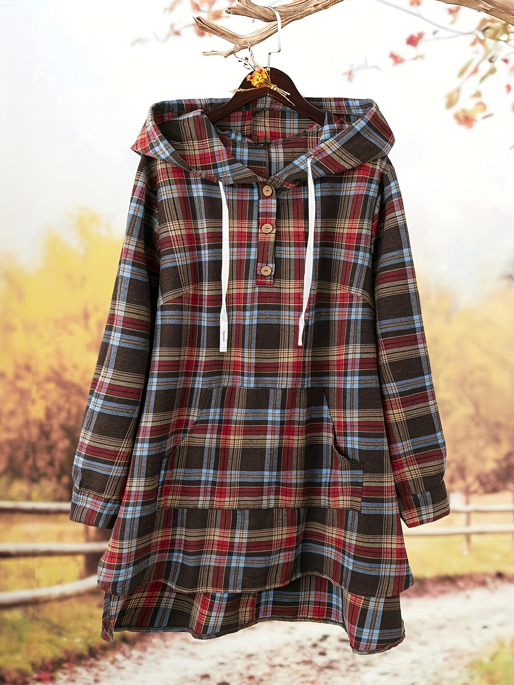 Plus Size - Plus Size - Women'S Plus Size Plaid Fleece Fabric Casual Elegant Hooded Shirt, with Pockets, Mid-Length, Spring Autumn New Year Outfit - Red Box