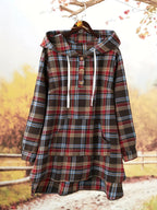 Plus Size - Plus Size - Women'S Plus Size Plaid Fleece Fabric Casual Elegant Hooded Shirt, with Pockets, Mid-Length, Spring Autumn New Year Outfit - Red Box