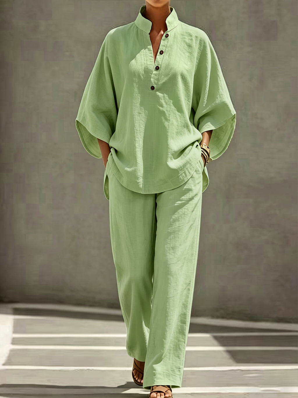 [PLMM] Spring Autumn Winter Women'S Fabric Button Short Collar Fashion Casual Two-Piece Long Pants Set - Matcha Color