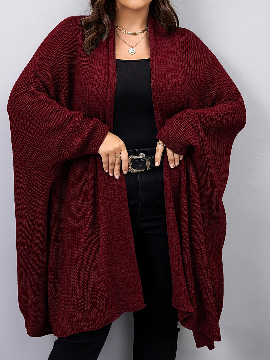 Plus Size, Plus Size Women's Batwing Sleeve Solid Open Front Cardigan - Burgundy