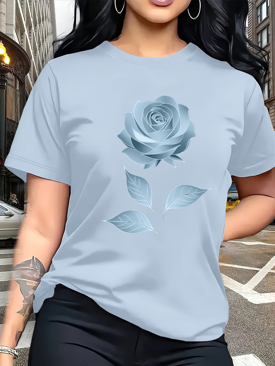 Color Series - Multicolor Light And Dark Gradient Easy Fresh Style Rose Pattern Printed T-Shirt, Casual Outing Wear, Single Wear Or Layered with Jacket, Multi-Layered, Suitable for Travel Vacation, Casual, Free And Unrestrained, Sister Outfit - Light Blue