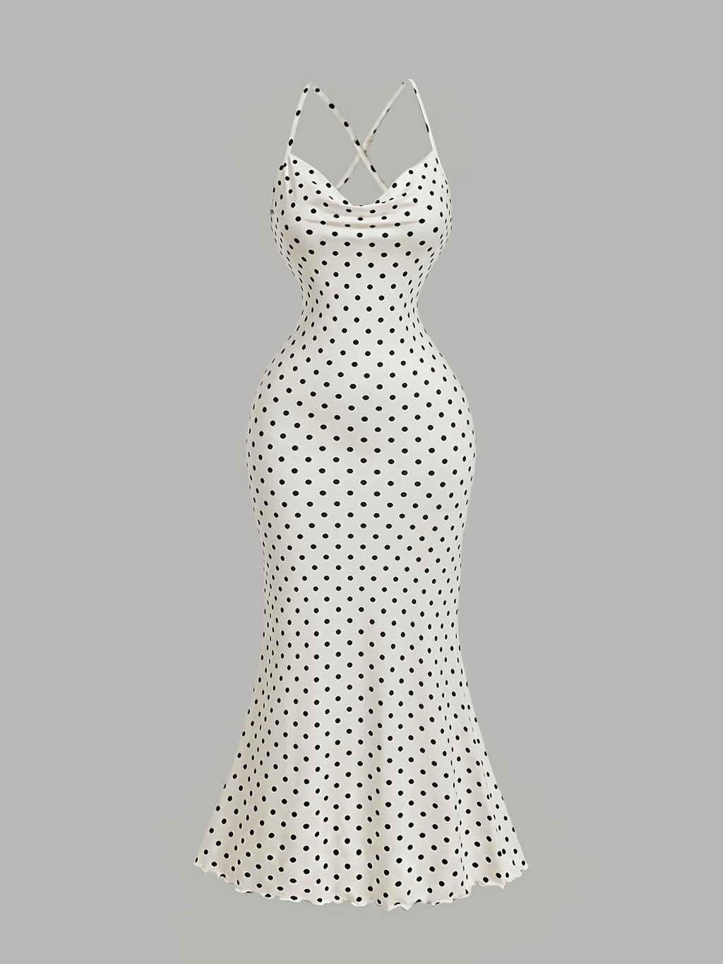Draped Neckline Slim Fit Bodycon Long Mermaid Dress, Elegant Polka Dot Print Camisole Dress, Graceful Party Gown, Valentine's Day Party Long Dress ASD1 - Off-white
