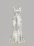 Draped Neckline Slim Fit Bodycon Long Mermaid Dress, Elegant Polka Dot Print Camisole Dress, Graceful Party Gown, Valentine's Day Party Long Dress ASD1 - Off-white