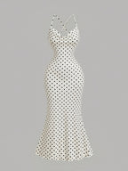 Draped Neckline Slim Fit Bodycon Long Mermaid Dress, Elegant Polka Dot Print Camisole Dress, Graceful Party Gown, Valentine's Day Party Long Dress ASD1 - Off-white