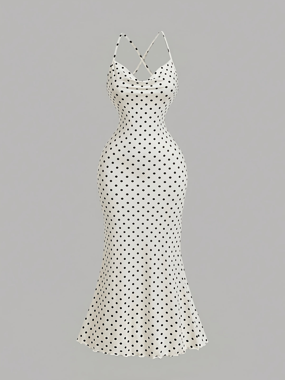 Draped Neckline Slim Fit Bodycon Long Mermaid Dress, Elegant Polka Dot Print Camisole Dress, Graceful Party Gown, Valentine's Day Party Long Dress ASD1 - Off-white