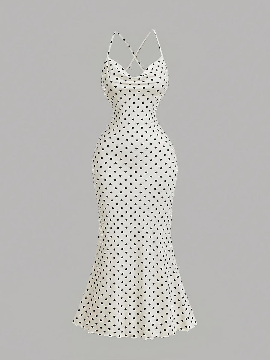 Draped Neckline Slim Fit Bodycon Long Mermaid Dress, Elegant Polka Dot Print Camisole Dress, Graceful Party Gown, Valentine's Day Party Long Dress ASD1 - Off-white