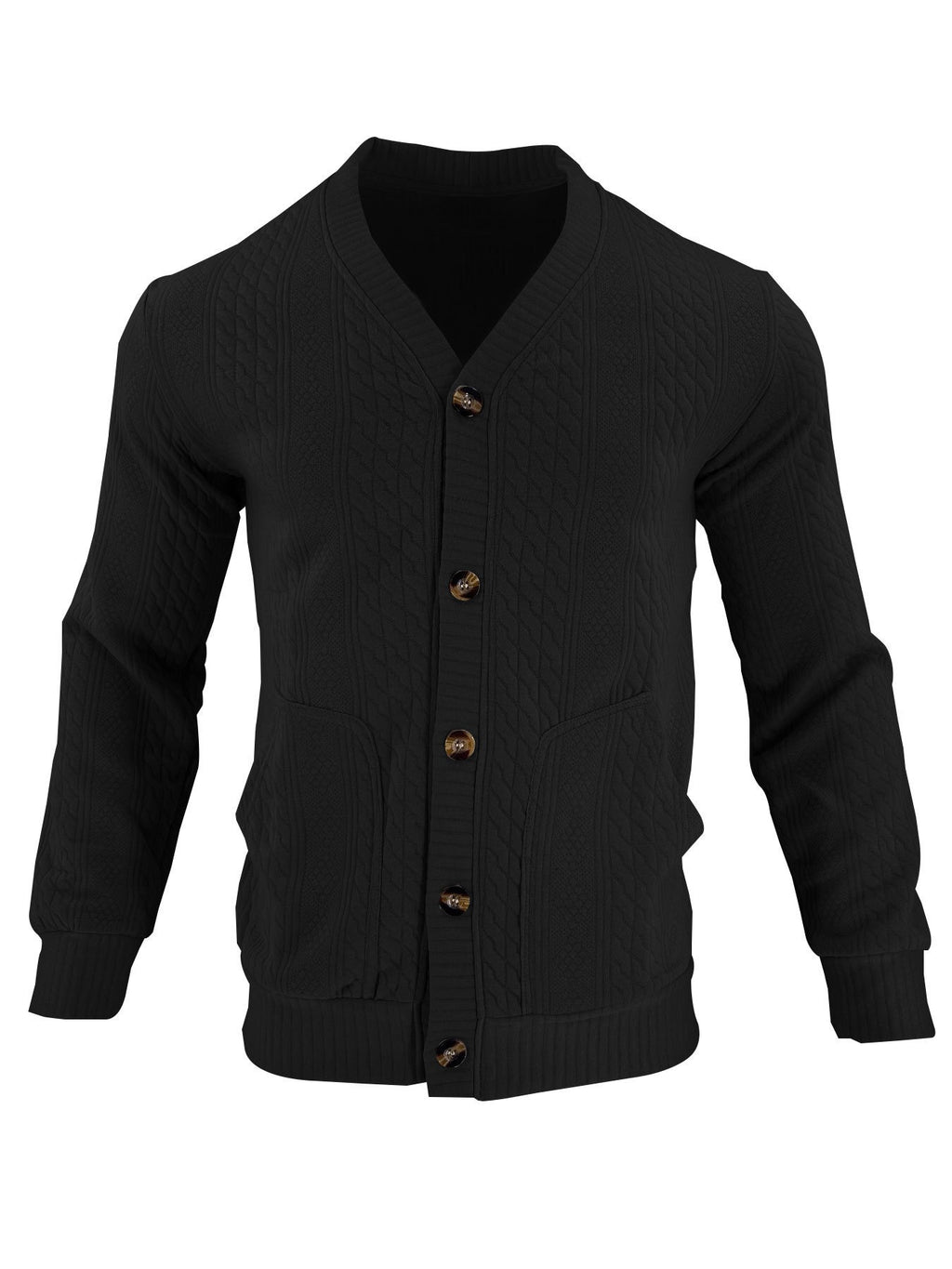 Men'S Casual V-Neck Cardigan Jacket, Retro 3D Jacquard Texture, Button-Front with Double Pockets, Knit Fabric Long Sleeve Top for Commute, Shopping, And Social Gatherings, Light Casual Business Style, Spring/Autumn Relaxed Fit - Black