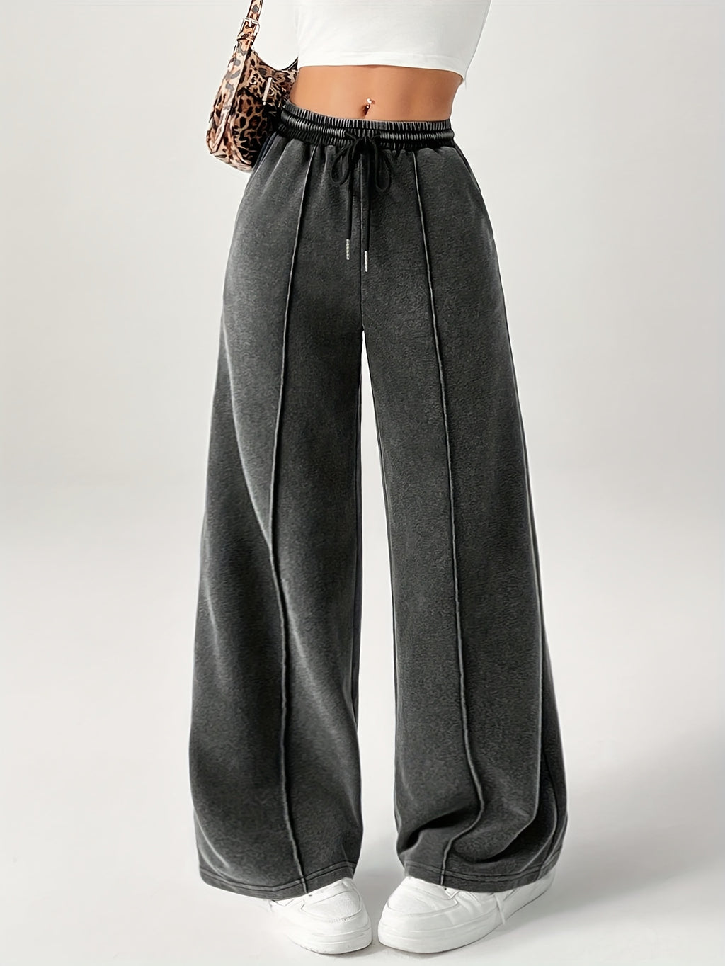 Autumn/Winter Limited Edition Snowflake Women's Fashion Drawstring Wide-Leg Sweatpants - Black