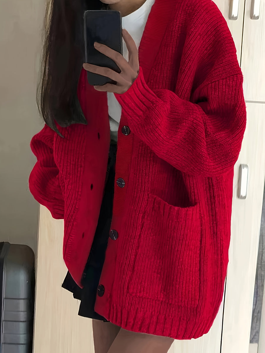 Casual V-Neck Single-Button Sweater Women'S Autumn Winter Cardigan - Red