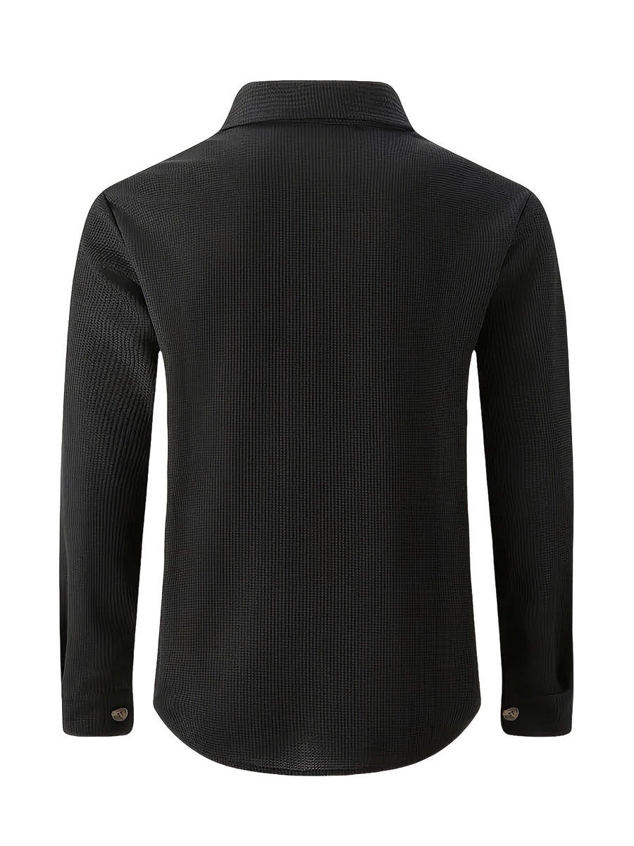 Pearson OBM Men's Casual Sport Jacket, American Vintage Waffle Texture Lapel Work Shirt Jacket, Men's Double Pocket Wood Button Loose Fit Casual Long Sleeve Shirt, Versatile Cardigan Jacket for Spring and Autumn - Black
