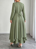 Plus Size Waist-Cinching Tie-String Irregular Long Dress, Easy Retro Style Casual Commute Loose Ladies Dress - Green