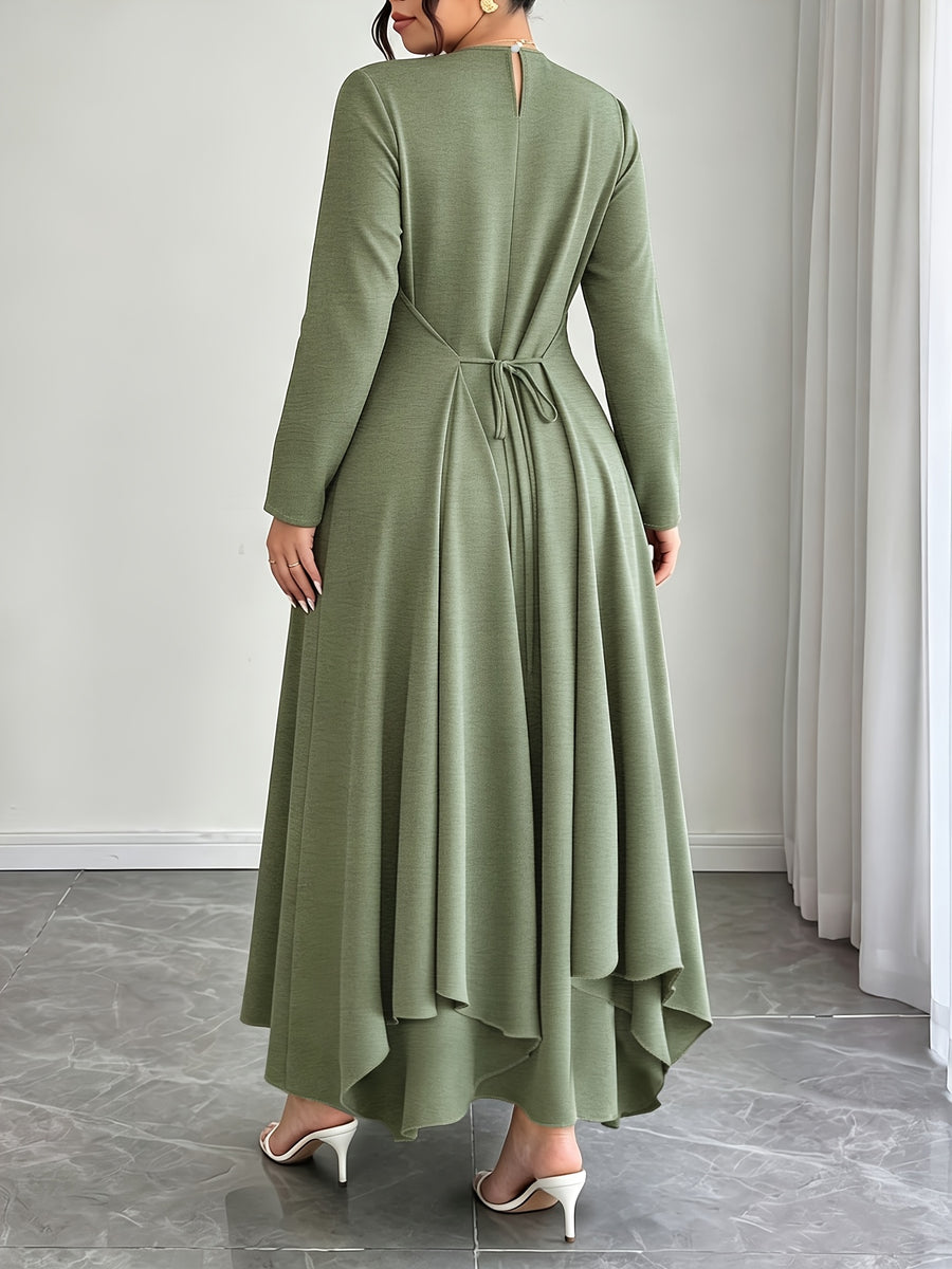 Plus Size Waist-Cinching Tie-String Irregular Long Dress, Easy Retro Style Casual Commute Loose Ladies Dress - Green