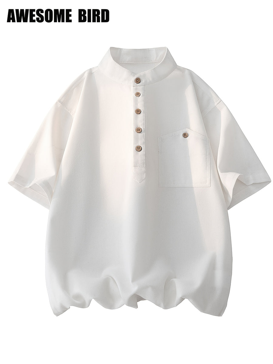 2026 Summer New Linen Short Sleeve Shirt Men'S Semi-High Neck Stand Collar Trendy Slight Loose Handsome Breathable Short Shirt - White