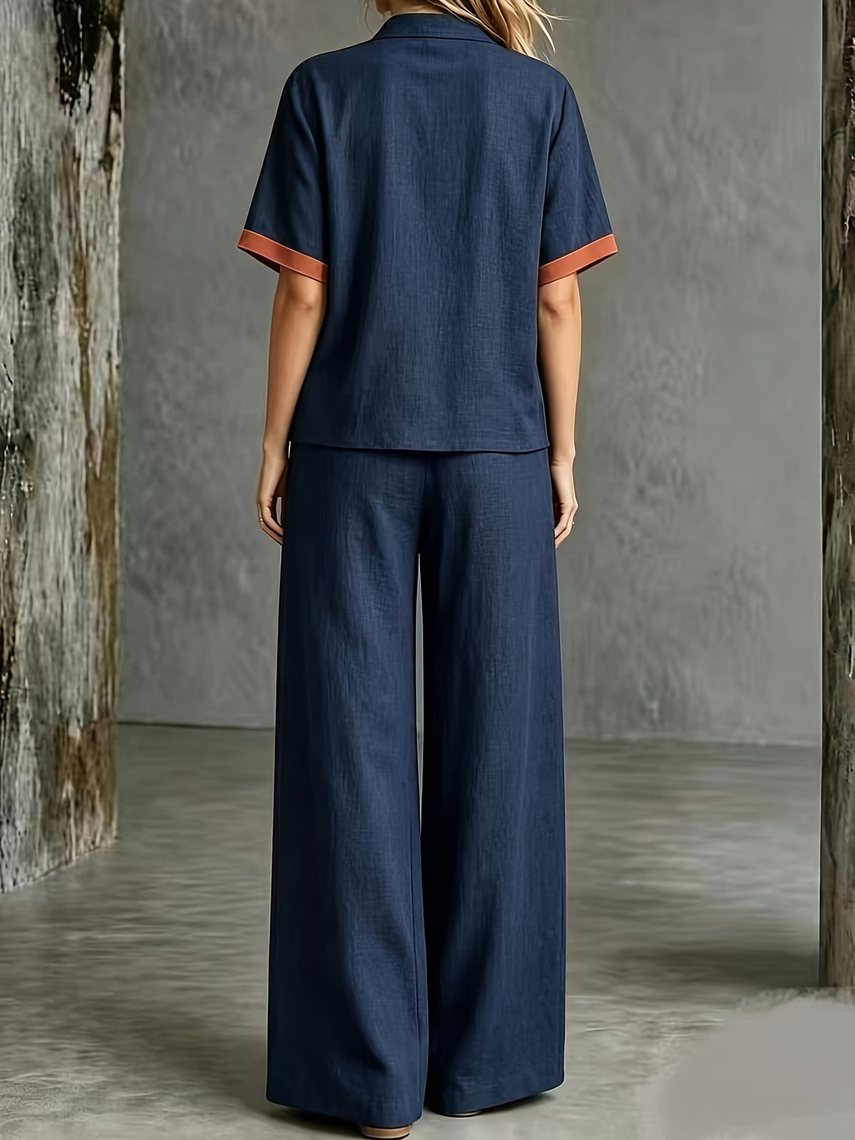2026 Black, Yellow, and Orange Color Block Patchwork Set: Short Sleeve V-Neck Top + Wide-Leg Long Pants, Summer Vintage Casual 2pcs Set - Navy blue color