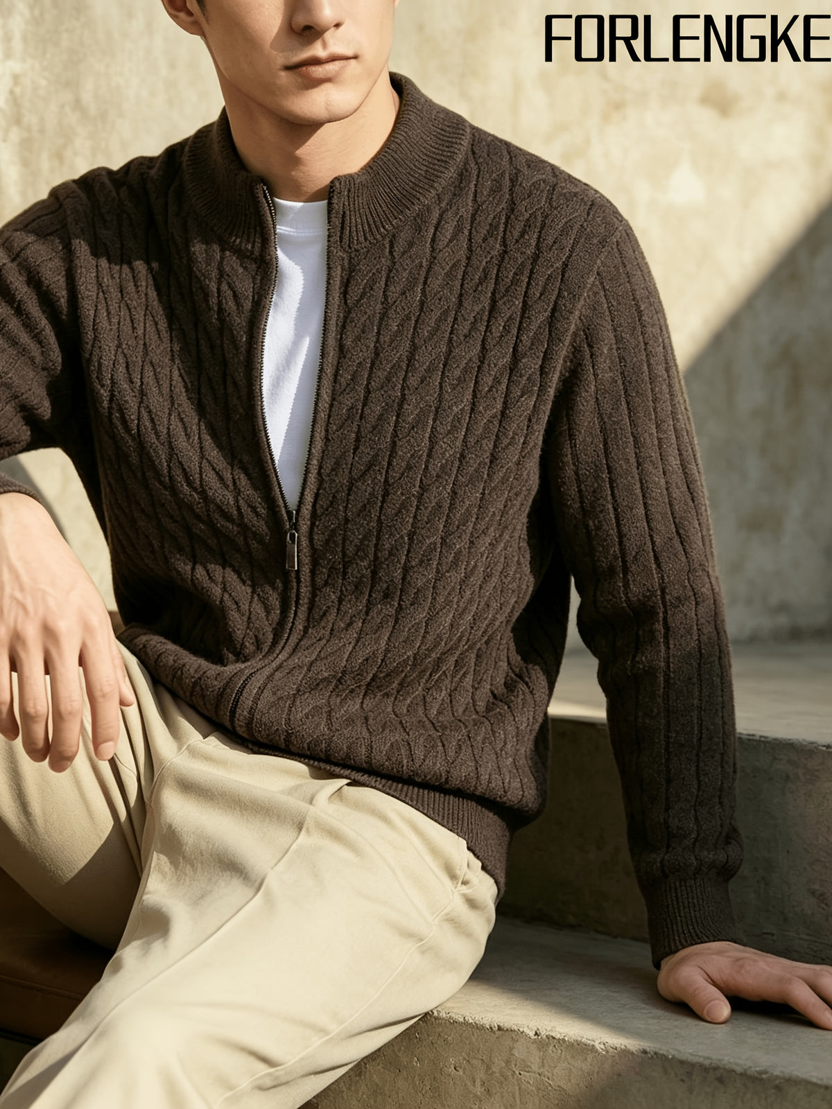 FORLENGKE Men'S Stand Collar Zip-Up Knit Jacket, Autumn And Winter Retro Cable Knit Sweater Cardigan, Comfortable Soft Long Sleeve Top, Everyday Commuting Casual Easy Versatile Knitwear in Multiple Colors - Coffee Color