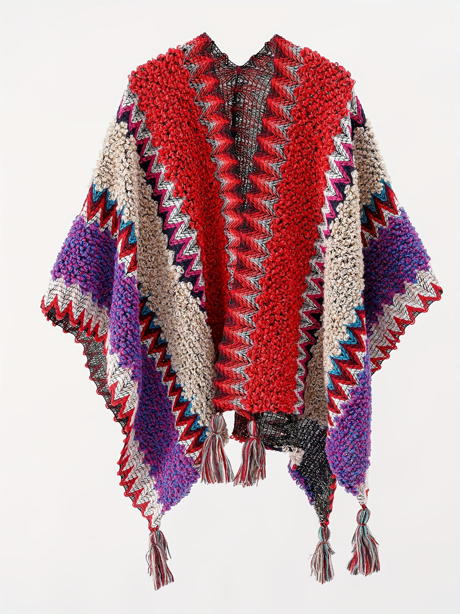 Tassel Striped Hollow-Out Airplane Blanket Cape Unisex Travel Coat - Red