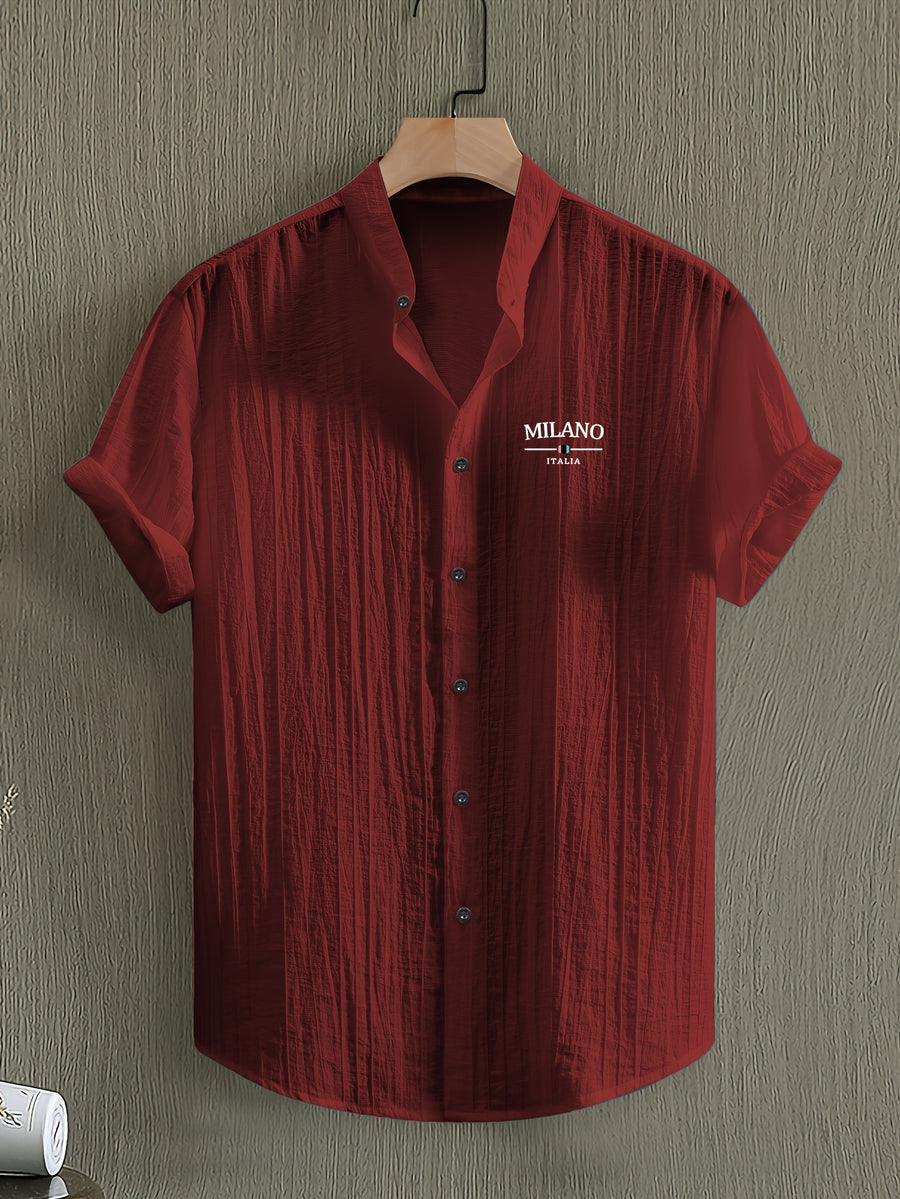 [Pearson OBM] Men'S Summer Print Short Sleeve Casual Stand-Up Collar Shirt, Button-Up Top Fashion Versatile Blouse, Lightweight Breathable Fabric for Beach Vacation Pool Party - Red
