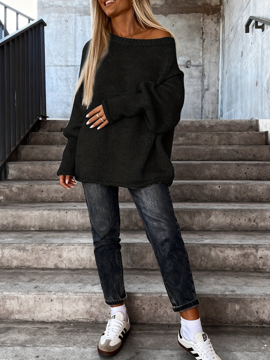 Women'S Fall Winter Casual Fashion Temperament Commute Versatile Easy Solid Color Large Round Neck Cross-Wear Sleeve Cuffed Design Loose Pullover Top - Black