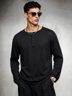 Spring/Autumn Men's Henry Shirt Long Sleeve T-Shirt, Three-Button Half-Open Placket, Round Neck, Black, Loose Fit Casual Knit Base Layer, Daily Commute Pullover Top - Black