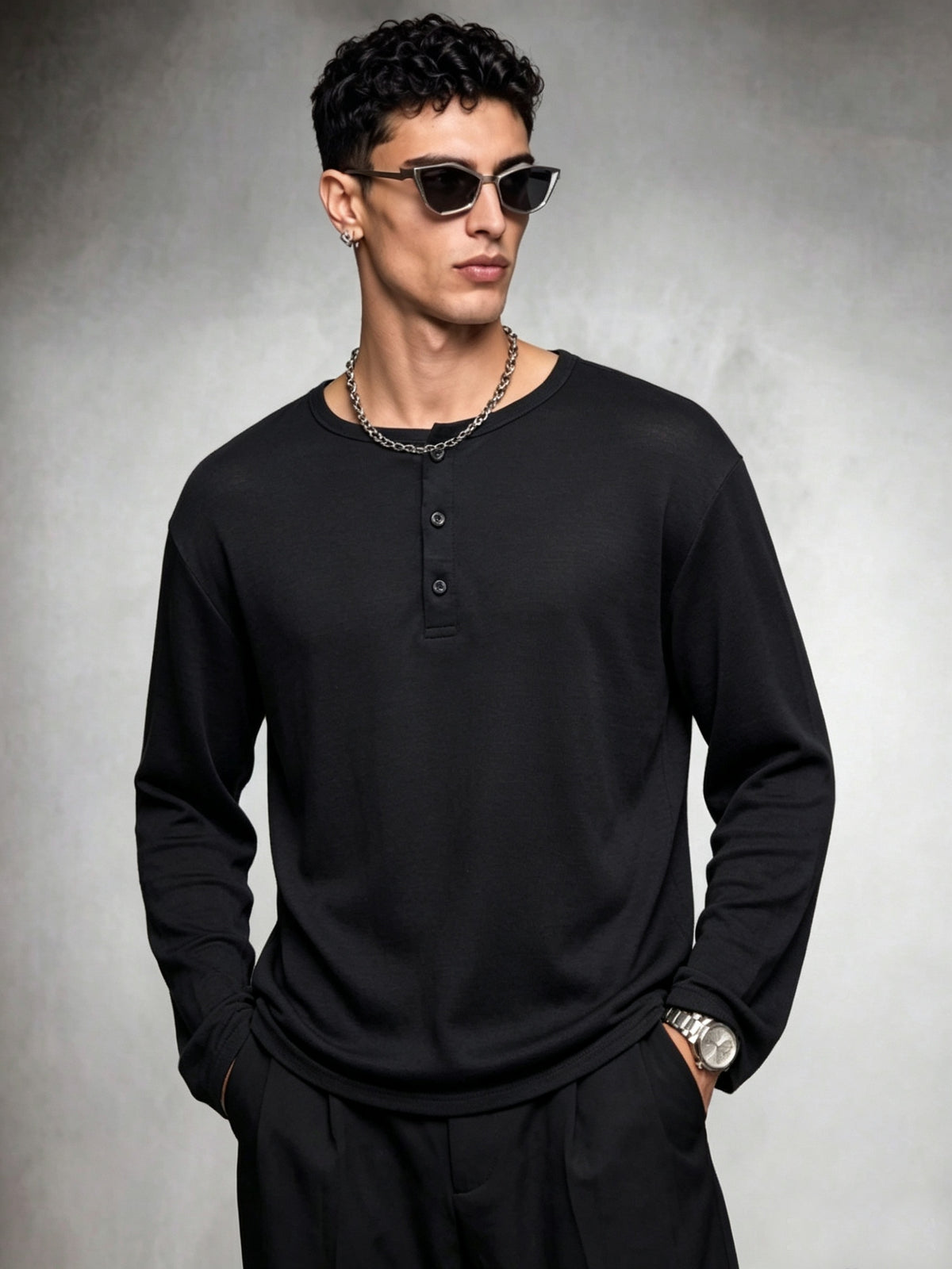 Spring/Autumn Men's Henry Shirt Long Sleeve T-Shirt, Three-Button Half-Open Placket, Round Neck, Black, Loose Fit Casual Knit Base Layer, Daily Commute Pullover Top - Black