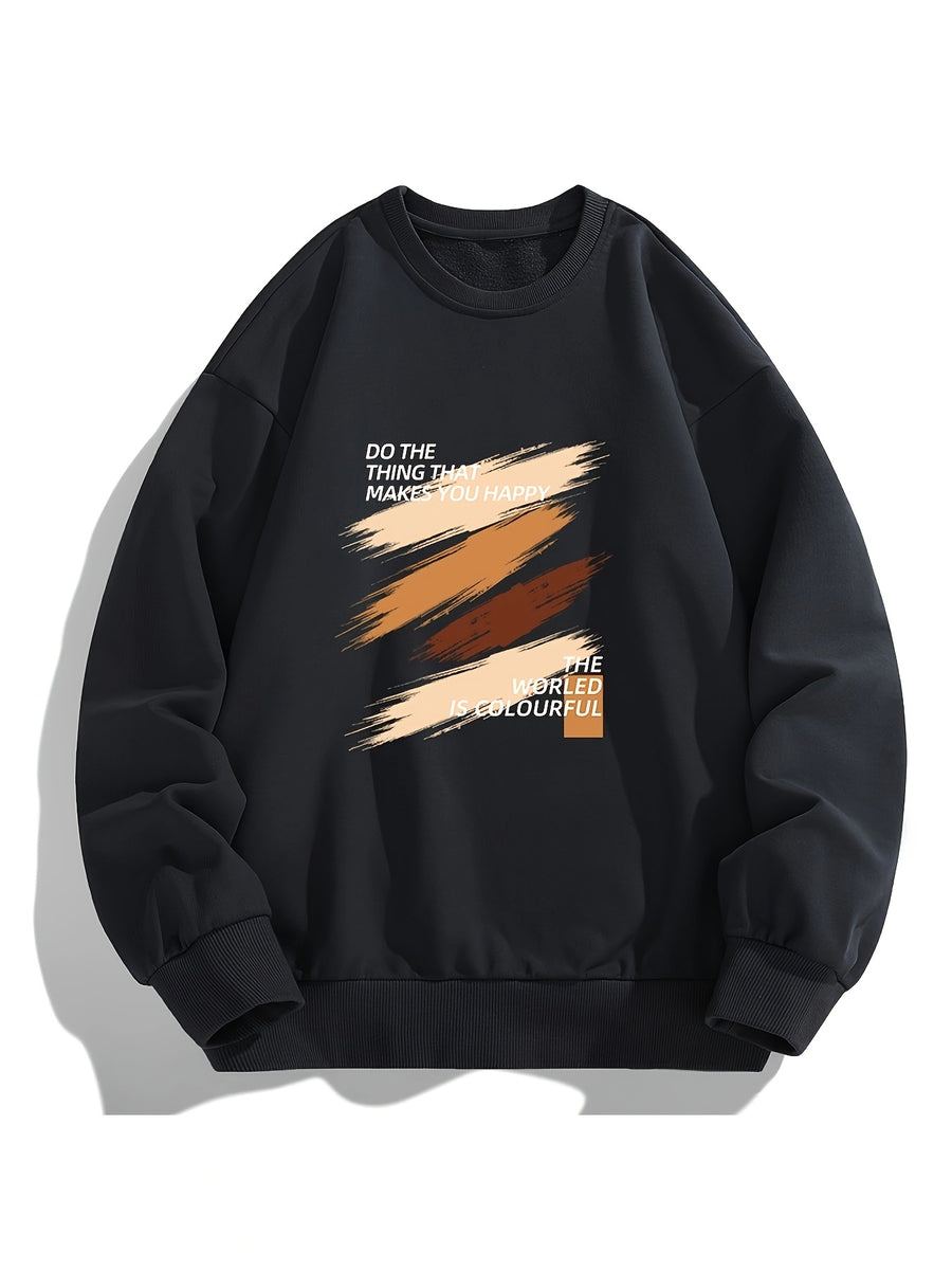 Men's Crew Neck Sweatshirt, Spring Autumn Art Brush Stroke Color Block Slogan Print Pullover Top, Youth Loose Casual Versatile LongSleeve Basic Shirt - Black