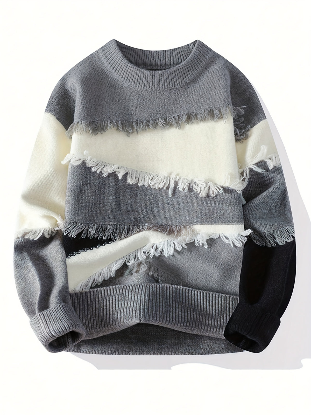 Men'S Color Block Fringe Sweater - Soft Knit Loose Fit Long Sleeve Winter Warmth - Grey