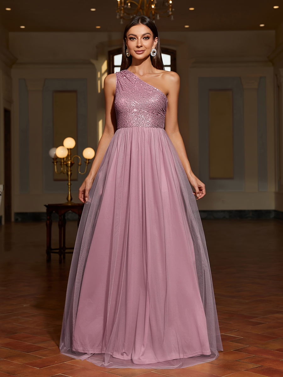 One-shoulder Sequin Patchwork Mesh Dress, Family Gathering Birthday Party Dress, Elegant and Fashionable Dress, Women's Long Dress, Party Dress, New Style, Women's Evening Gown, Host Performance Dress, Bridesmaid Dress, Prom Evening Gown - Dirty Pink