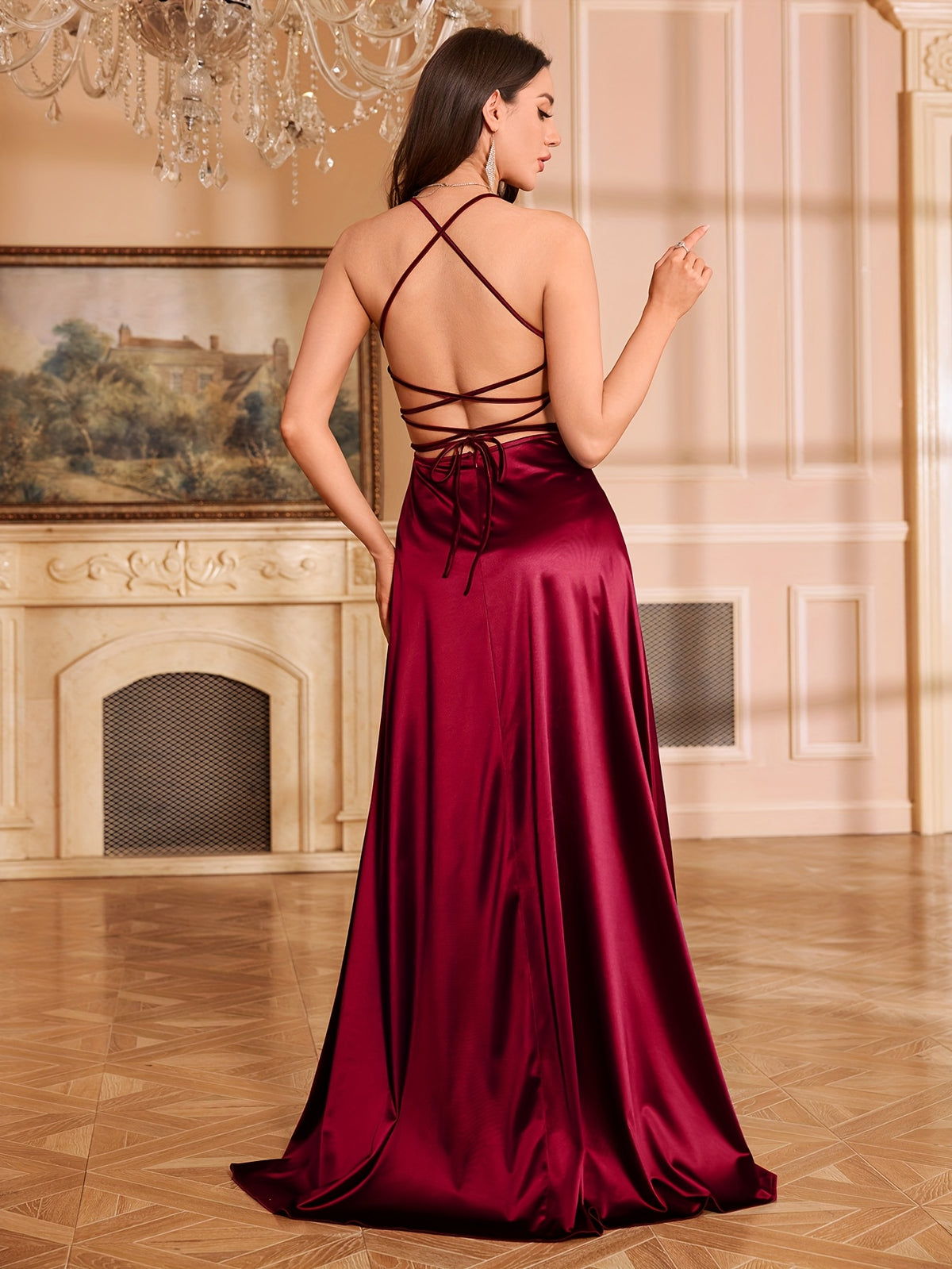 Sexy Criss-Cross Backless Strap Satin Dress Slit Party Formal Dress Important Occasion Dress - Red