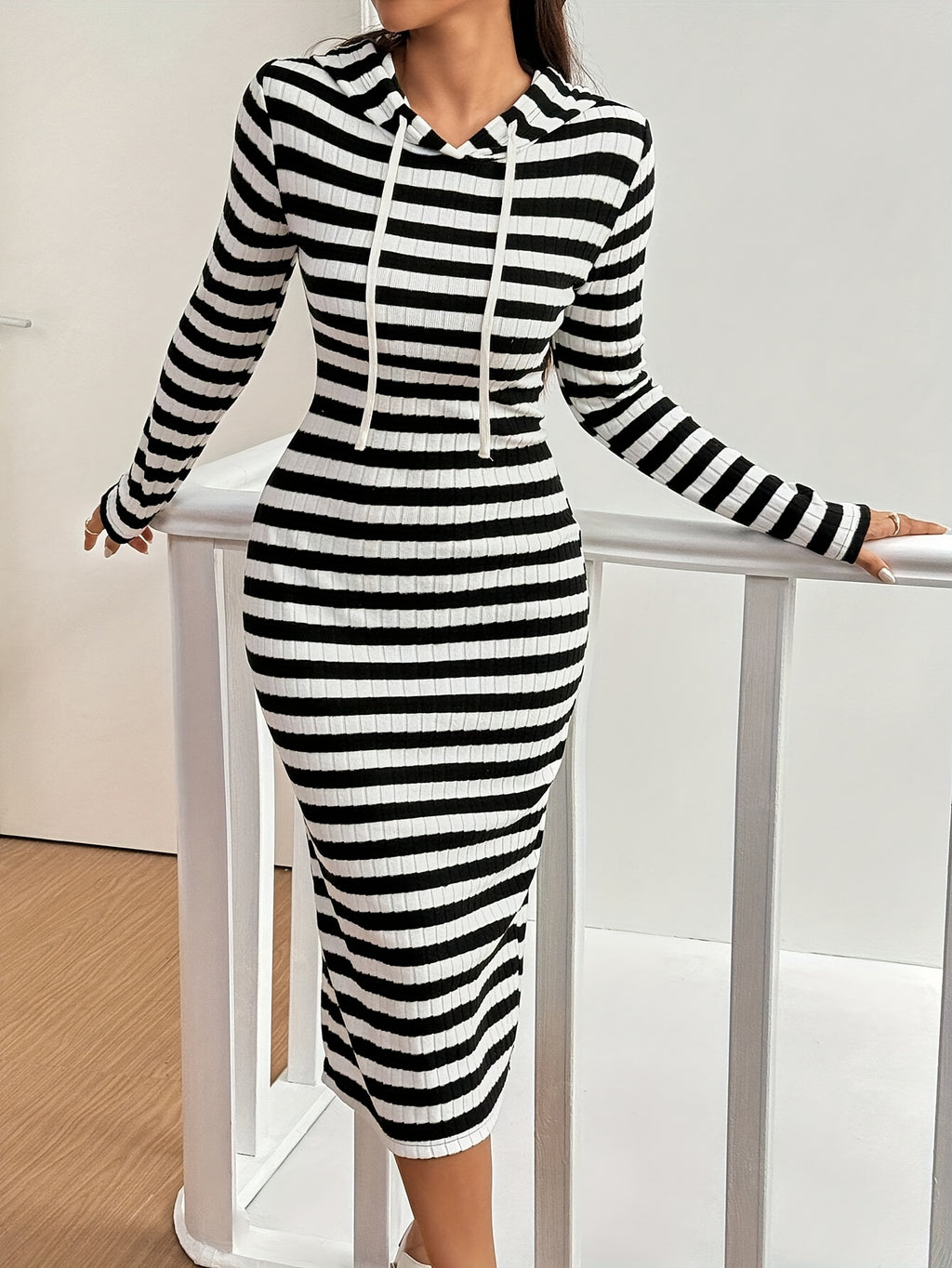 Elegant Classic Striped Spring Autumn Commute Long Sleeve Drawstring Hooded Long Dress - Black And White Color