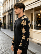 Men'S Autumn Winter Round Neck Puff Sleeve Plush Sweatshirt, Fashionable Bear-Colored Patchwork Pattern And Solid Color Design, Wrinkle-Resistant Soft Knit Material, Very Practical. Suitable for Students' Daily Wear on Campus, Outings, Dates - Black