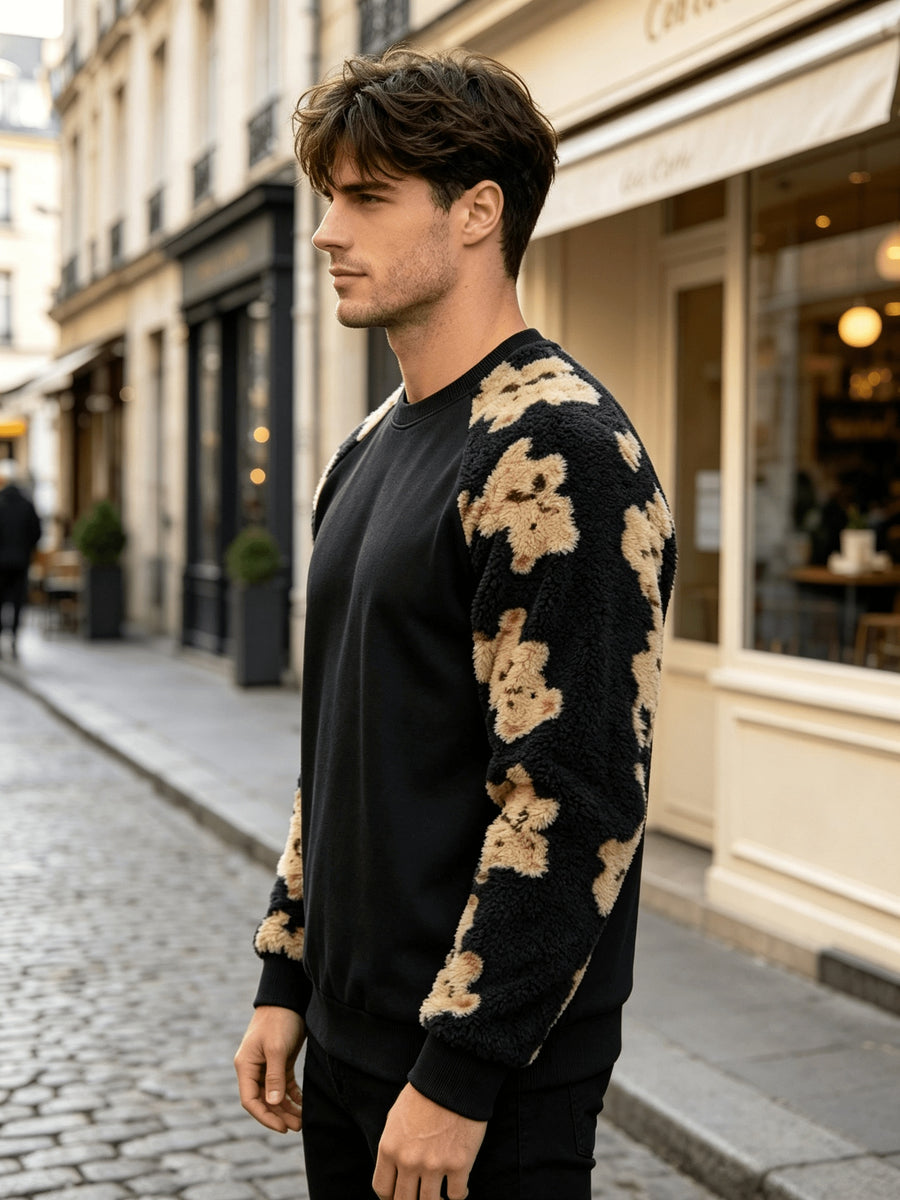 Men'S Autumn Winter Round Neck Puff Sleeve Plush Sweatshirt, Fashionable Bear-Colored Patchwork Pattern And Solid Color Design, Wrinkle-Resistant Soft Knit Material, Very Practical. Suitable for Students' Daily Wear on Campus, Outings, Dates - Black
