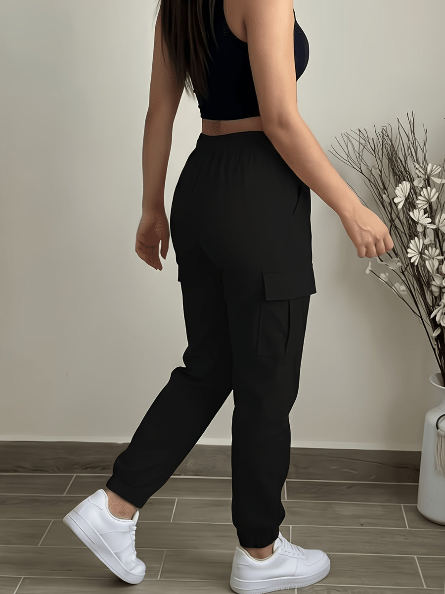 Women'S Pocket Drawstring Cargo Pants. Summer Sports Long Pants with Elastic Cuffs Stretchy Casual Fitness Yoga Joggers for Running. Outdoor Cycling - Black