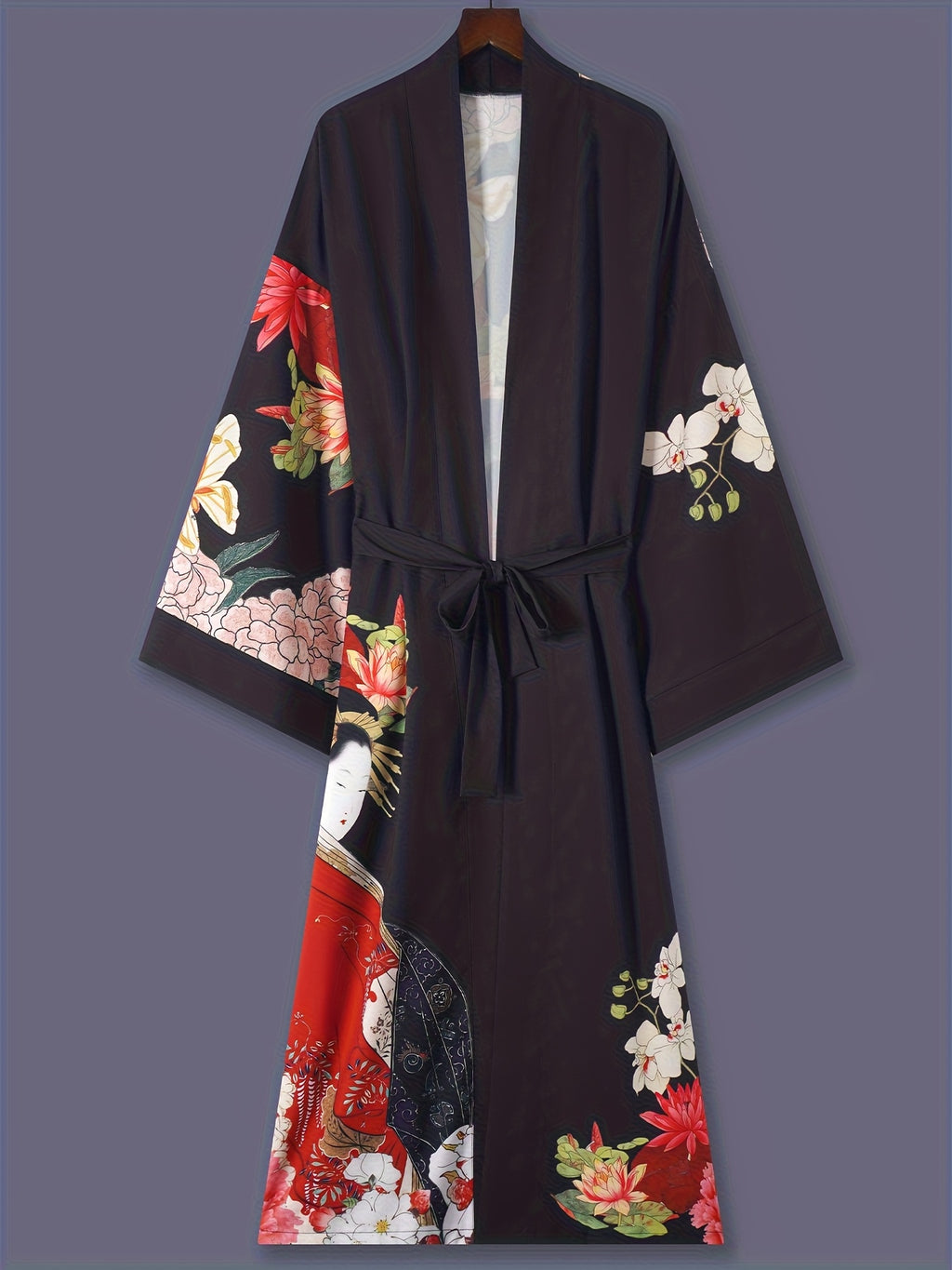 Japanese Printed Mid-Length 3/4 Sleeve Kimono Cardigan Thin Jacket Women'S Western Elegant Ethnic Style Street Casual Cover-Up Outerwear Beach Travel Vacation Cape Japanese Style Thin Cloak Jacket Home Yukata Belt Bathrobe Cover-Up - Black