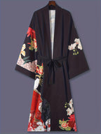 Japanese Printed Mid-Length 3/4 Sleeve Kimono Cardigan Thin Jacket Women'S Western Elegant Ethnic Style Street Casual Cover-Up Outerwear Beach Travel Vacation Cape Japanese Style Thin Cloak Jacket Home Yukata Belt Bathrobe Cover-Up - Black