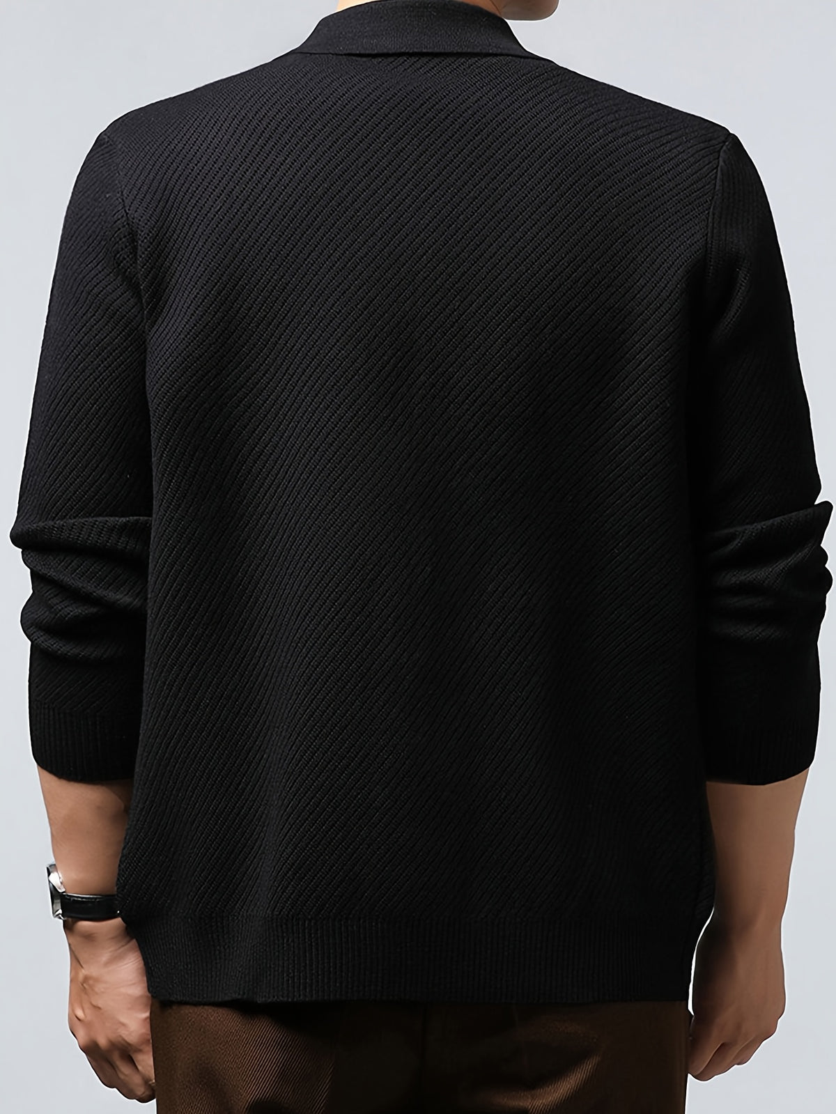 Men's Lapel Zipper Twill Knit Cardigan, Featuring a Classic Small Lapel Structure That Distinguishes It from Ordinary Crewneck Sweaters, Exuding a Sharp and Capable Business Aesthetic - SINBOS - Black