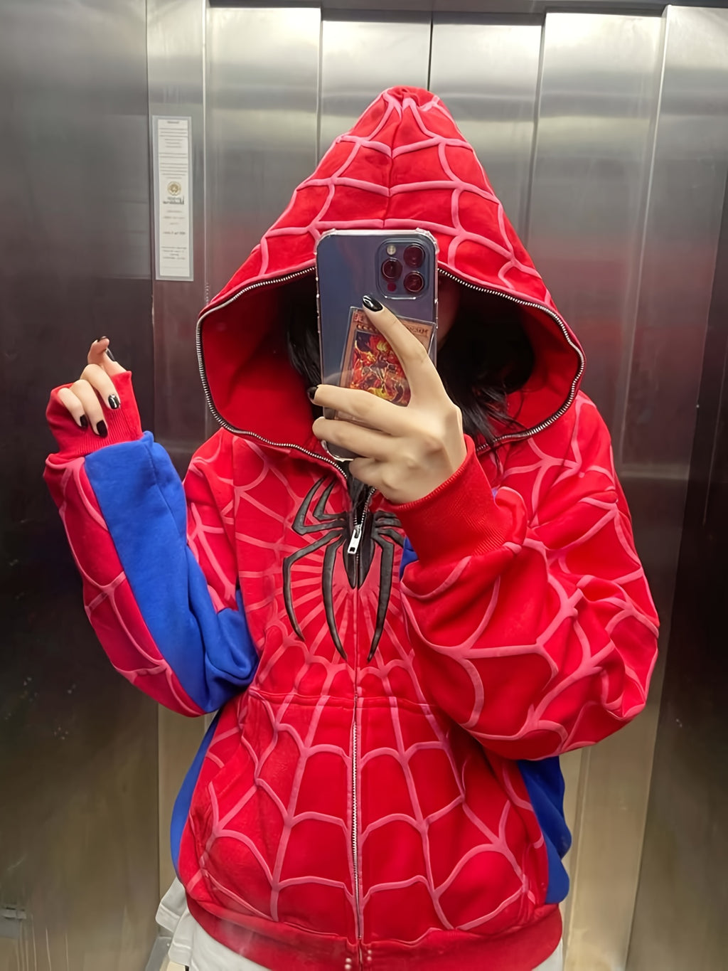 Autumn and winter warm spider printed fashion cardigan zipper hoodie sweatshirt loose casual hip hop s shirt - Red