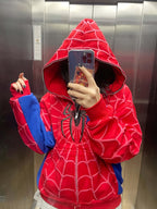 Autumn and winter warm spider printed fashion cardigan zipper hoodie sweatshirt loose casual hip hop s shirt - Red