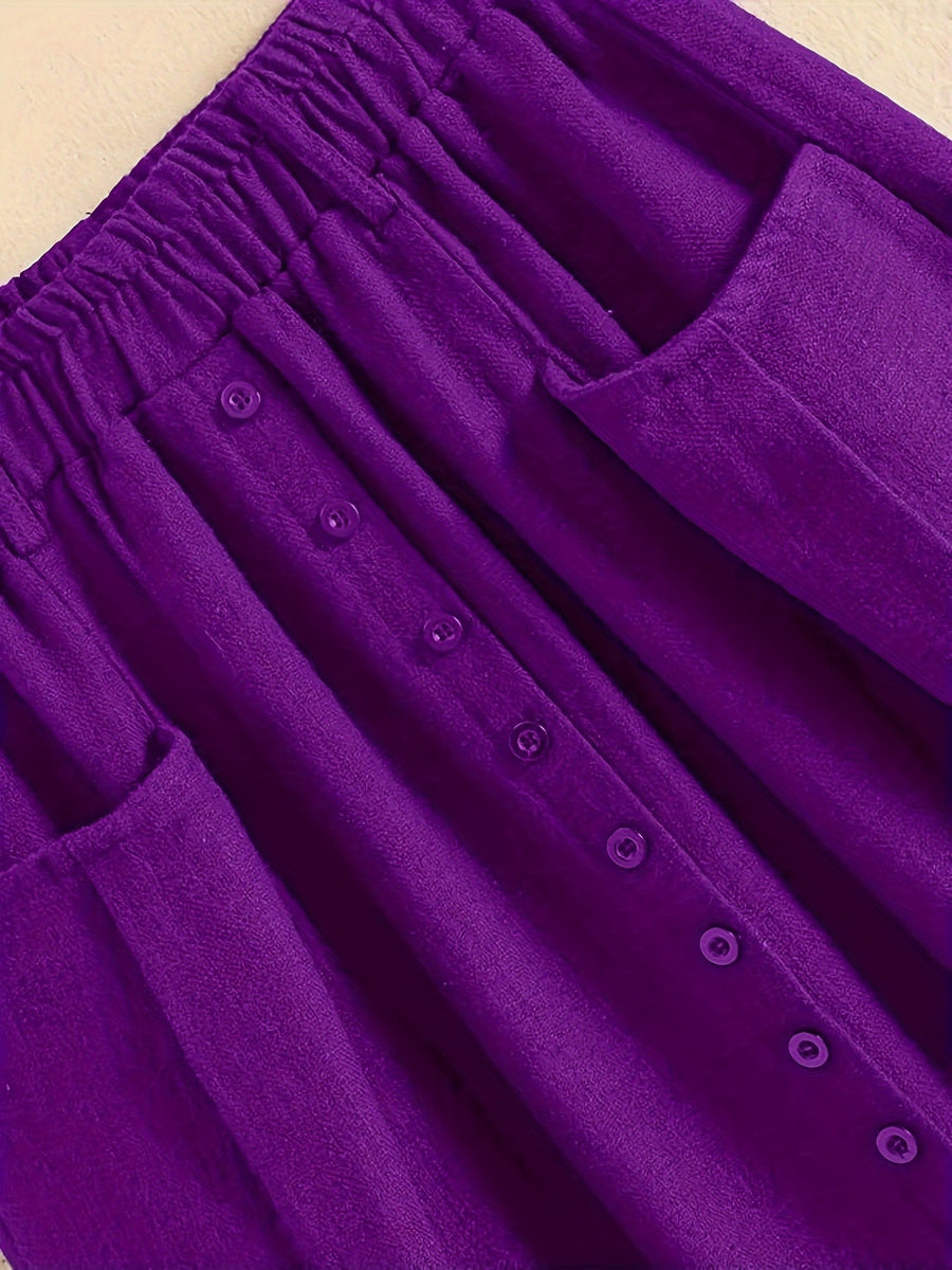 Spring/Summer/Autumn Lightweight Korean-Style Vintage Linen Loose Skirt with Elastic Waistband and Pockets, Mid-Length Women's Skirt - Purple