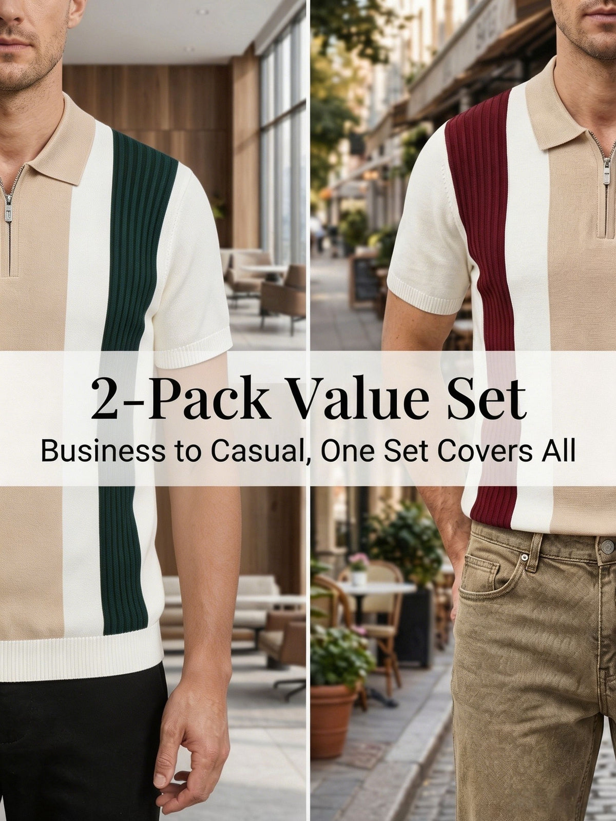 Old Money Style Men's Half-Zip Contrast Color Vertical Stripe Knit Polo 2pcs Set, Ice Silky Fiber Fabric, Breathable Business Casual Short-Sleeve Suit Sweater - 2-PACK