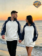 [1pc Pc] Warner Authorized Cartoon Classic Couple Style Sweatshirt WB Classic Movie Character Heart-Shaped Castle Sunset Background Back Print Couple Shoulder-Length Long Sleeve Hooded Top Trendy Fashion All-Match Street Comfortable Casual Jacket Na - Men-Navy Blue