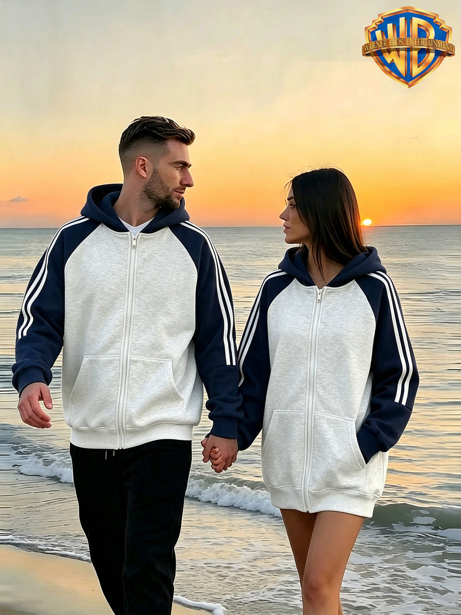 [1pc Pc] Warner Authorized Cartoon Classic Couple Style Sweatshirt WB Classic Movie Character Heart-Shaped Castle Sunset Background Back Print Couple Shoulder-Length Long Sleeve Hooded Top Trendy Fashion All-Match Street Comfortable Casual Jacket Na - Men-Navy Blue