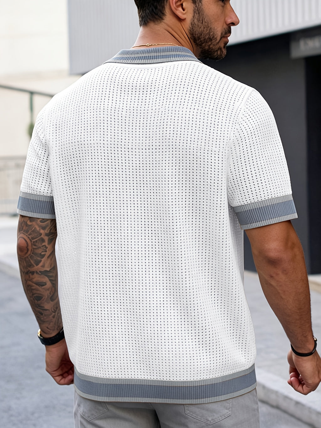 Men's Polo Shirt, Knitted Short Sleeve, Summer, Hollow-Out Breathable Color-Block Top, Suitable for All Occasions - Grey