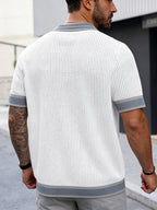 Men's Polo Shirt, Knitted Short Sleeve, Summer, Hollow-Out Breathable Color-Block Top, Suitable for All Occasions - Grey