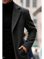 Men's Long Tweed Overcoat, European and American Style Suit Lapel Single-Breasted Slim Fit Blend Coat, Autumn/Winter Windproof and Warm Business Men's Wear, Multiple Colors Available, 100% Polyester - Dark Gray