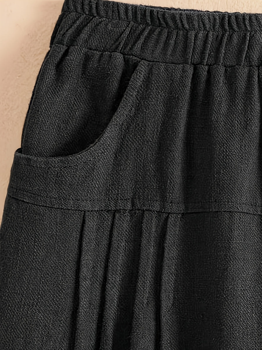 New Spring Summer Autumn Thin Korean Style Linen Loose Half Skirt with Pockets, Elastic Waist Linen Dress, Mid-Length Lantern Hem Women'S Skirt - Black