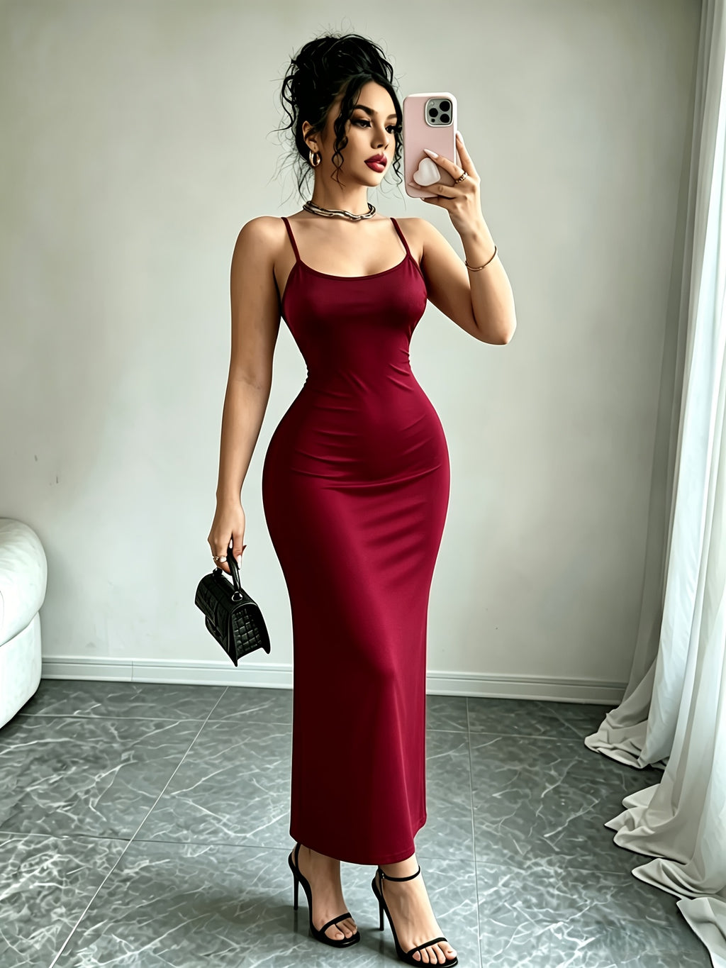 Wine Red Backless Camisole Dress for Women, a Figure-hugging Long Dress That Fits the Hips, a Sexy and Pure Long Dress Suitable for Various Occasions Such as Dinner Parties, Dates, Birthday Parties, Bridesmaid Events, Toasts, Annual Gatherings - Burgundy